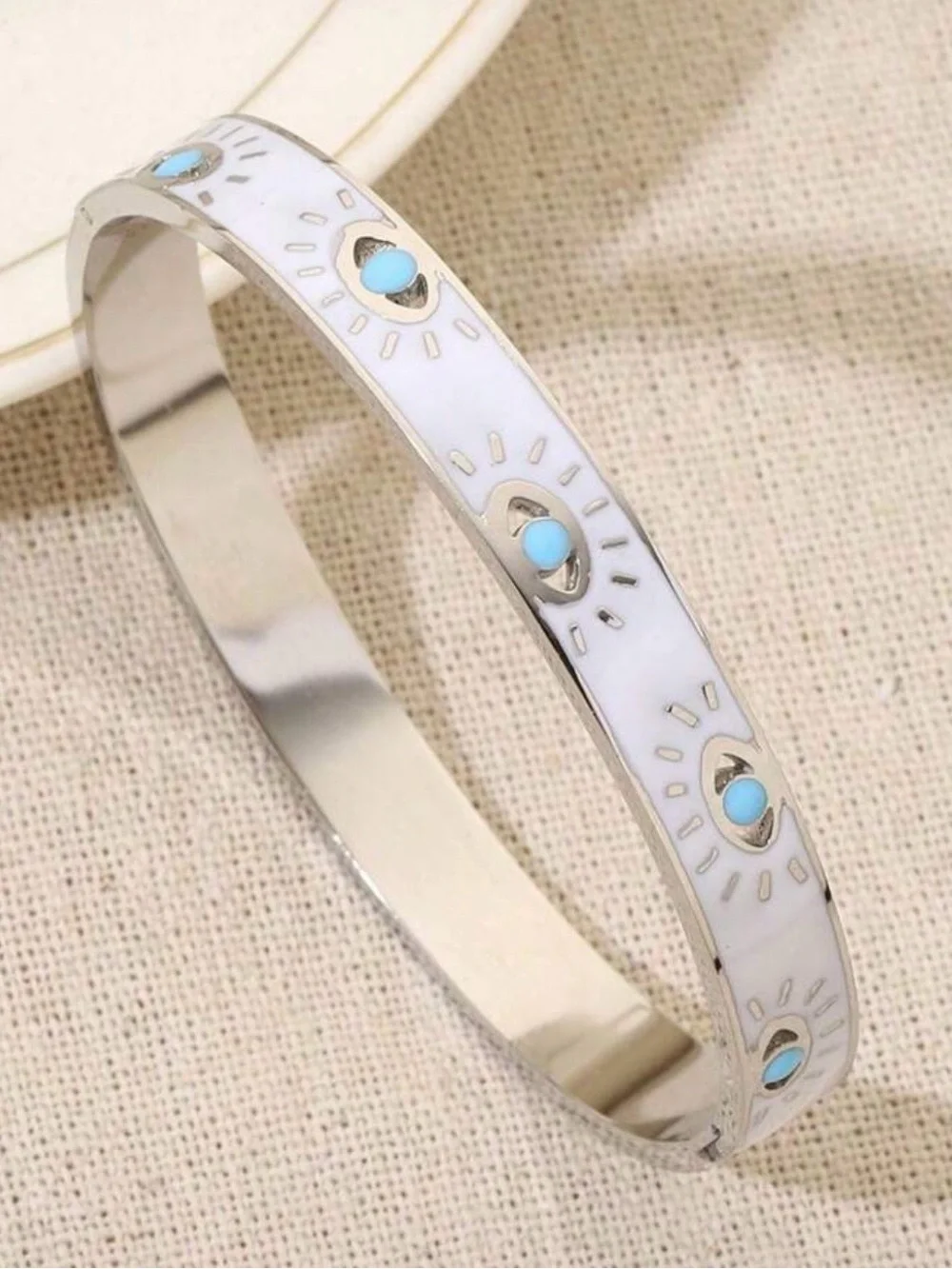 🧿🪬Silver-tone White Enamel Bracelet with Turquoise Accent